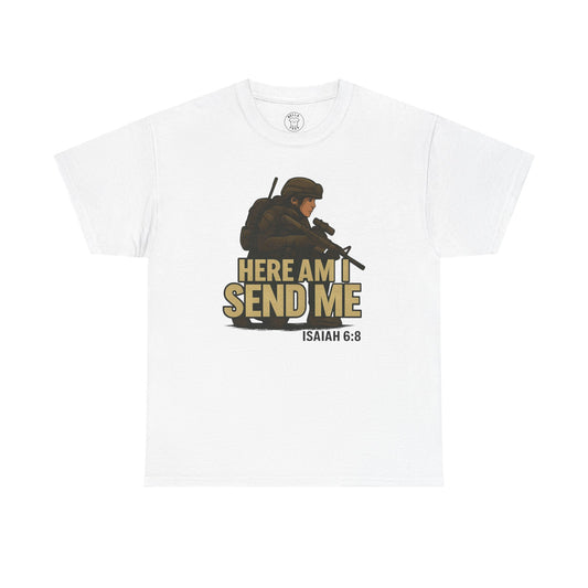 Unisex T-Shirt with the Christian female soldier "Here Am I Send Me" graphic.