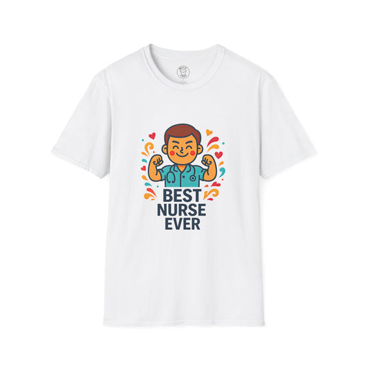 Flat-lay of Best Nurse Ever T-shirt with colorful cartoon nurse artwork, displayed for product listing.
