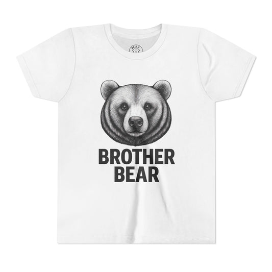 “Flatlay of red ‘Brother Bear’ kids t-shirt with hand-drawn bear graphic displayed on a clean background – big brother gift shirt.”