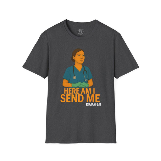 "Here Am I Send Me" Nurse T-Shirt (Isaiah 6:8) — Christian Healthcare Worker Gift — view 2