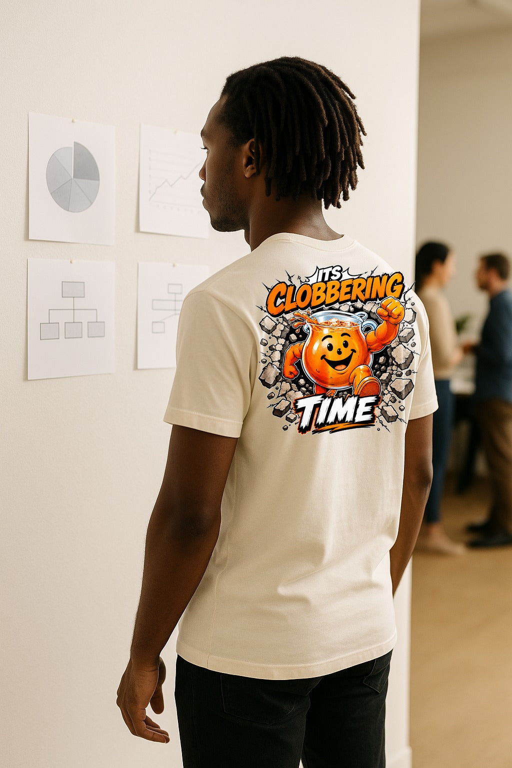 Close-up of bold orange comic-book It's Clobbering Time DTG print on heavyweight Gildan cotton tee