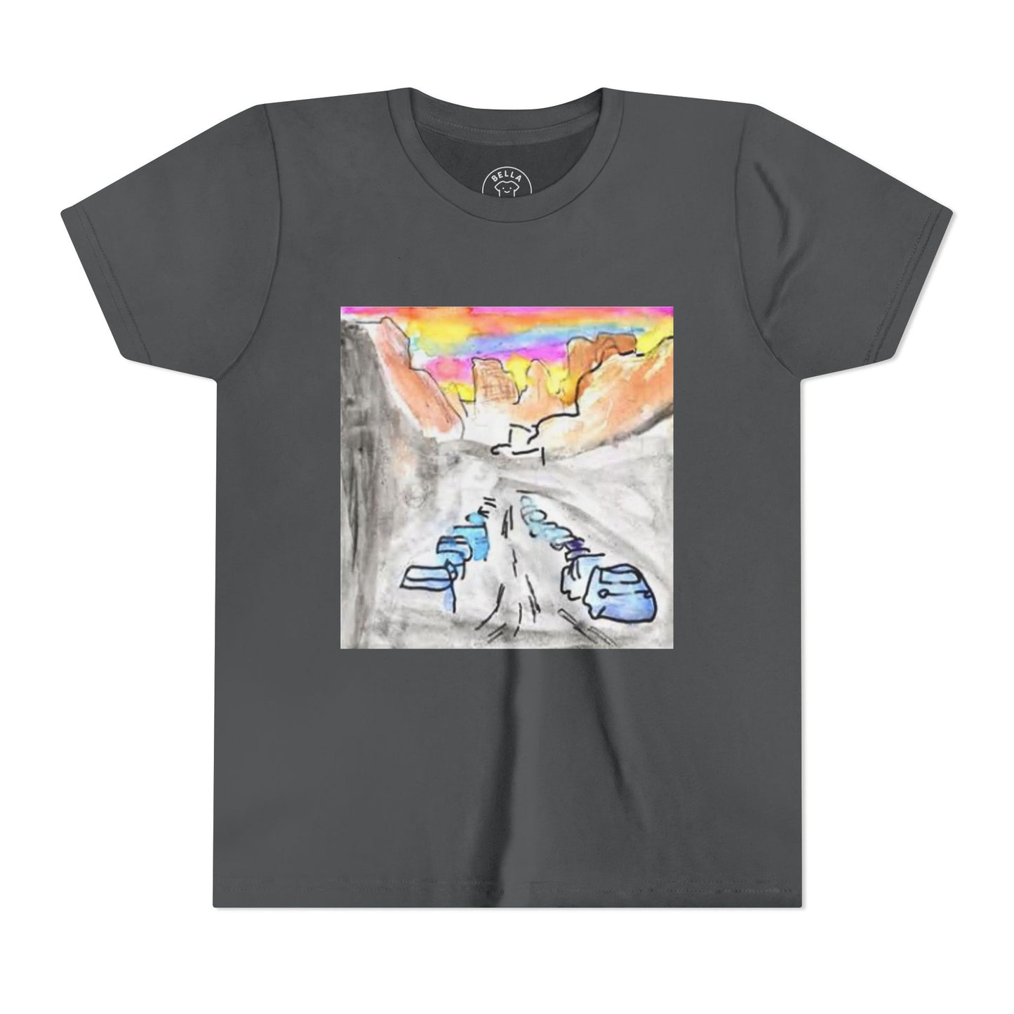 Kids' Youth T-Shirt in [Color Name] with the colorful mountain, cactus, and desert escape graphic.