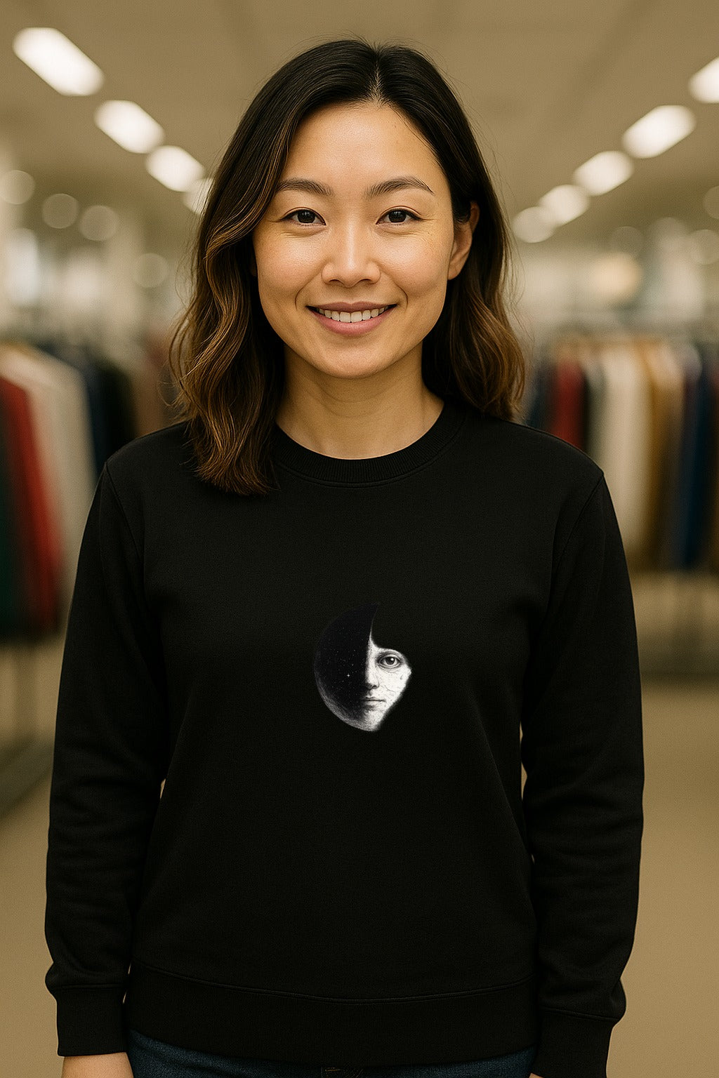 Moon Witness – Minimalist Vintage Etched Long Sleeve Shirt — Black