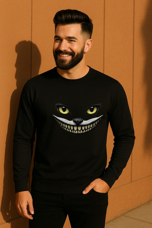 Creepy Cat Eyes & Grin Long Sleeve Tee – Minimalist Graphic Shirt — Black