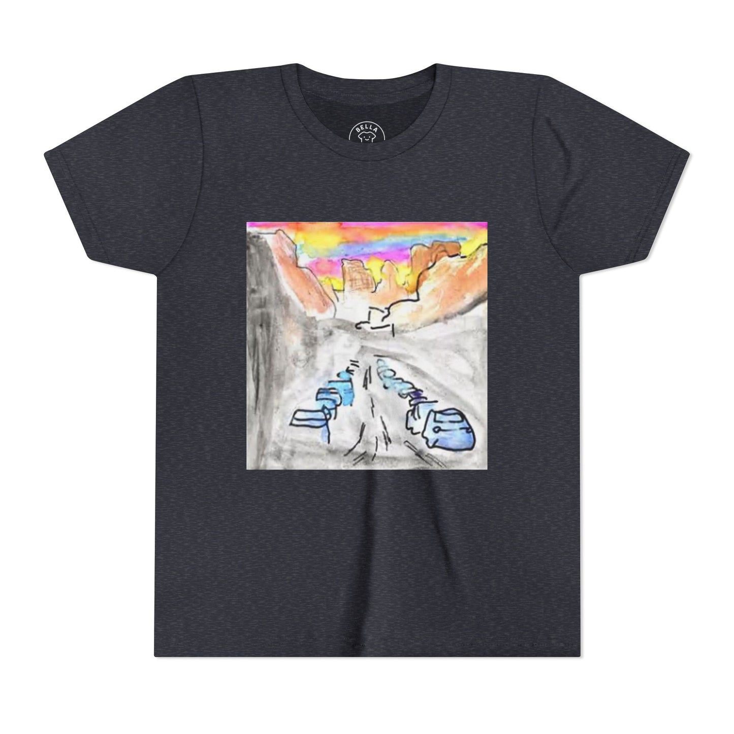 Kids' Youth T-Shirt in [Color Name] with the colorful mountain, cactus, and desert escape graphic.