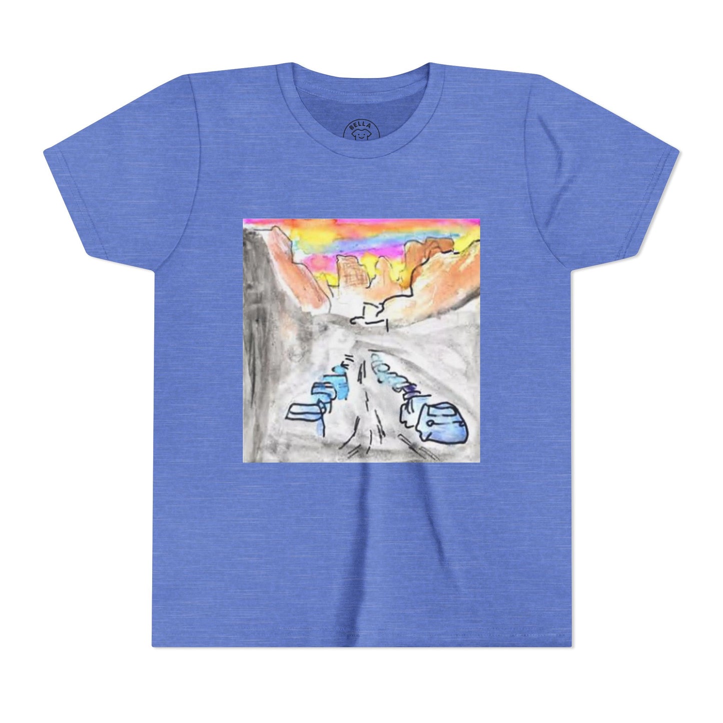 Kids' Youth T-Shirt in [Color Name] with the colorful mountain, cactus, and desert escape graphic.