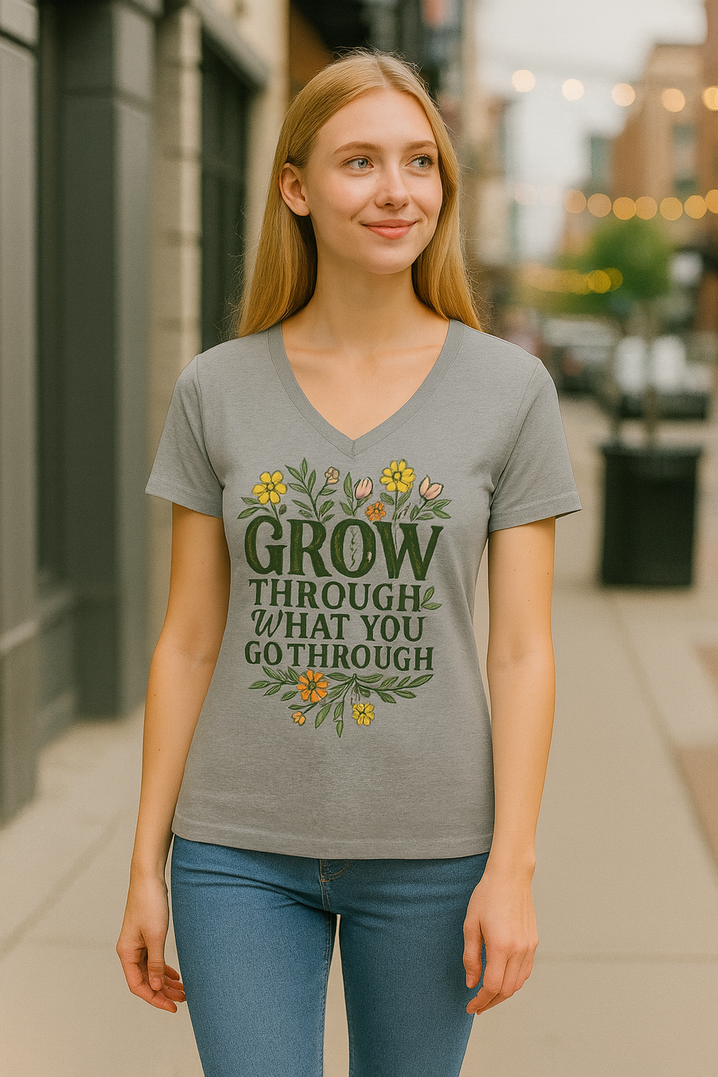 Women's V-Neck Inspirational Floral T-Shirt — Grow Through What You Go Through