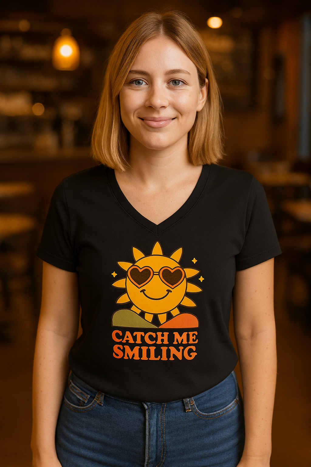 Women's V-Neck Funny Sun T-Shirt — "Catch Me Smiling" Summer Tee & Gift