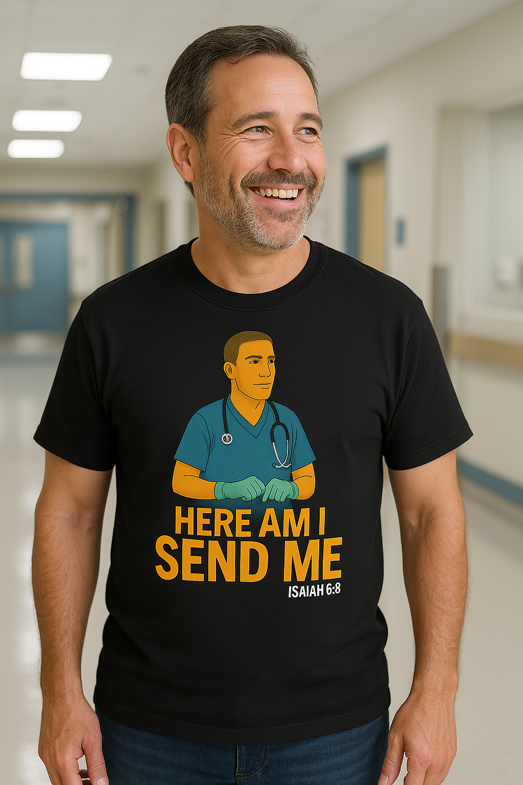"Here Am I Send Me" Male Nurse T-Shirt — Christian Healthcare (Isaiah 6:8)