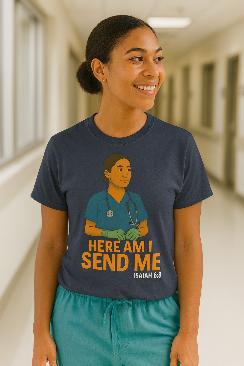 "Here Am I Send Me" Nurse T-Shirt (Isaiah 6:8) — Christian Healthcare Worker Gift