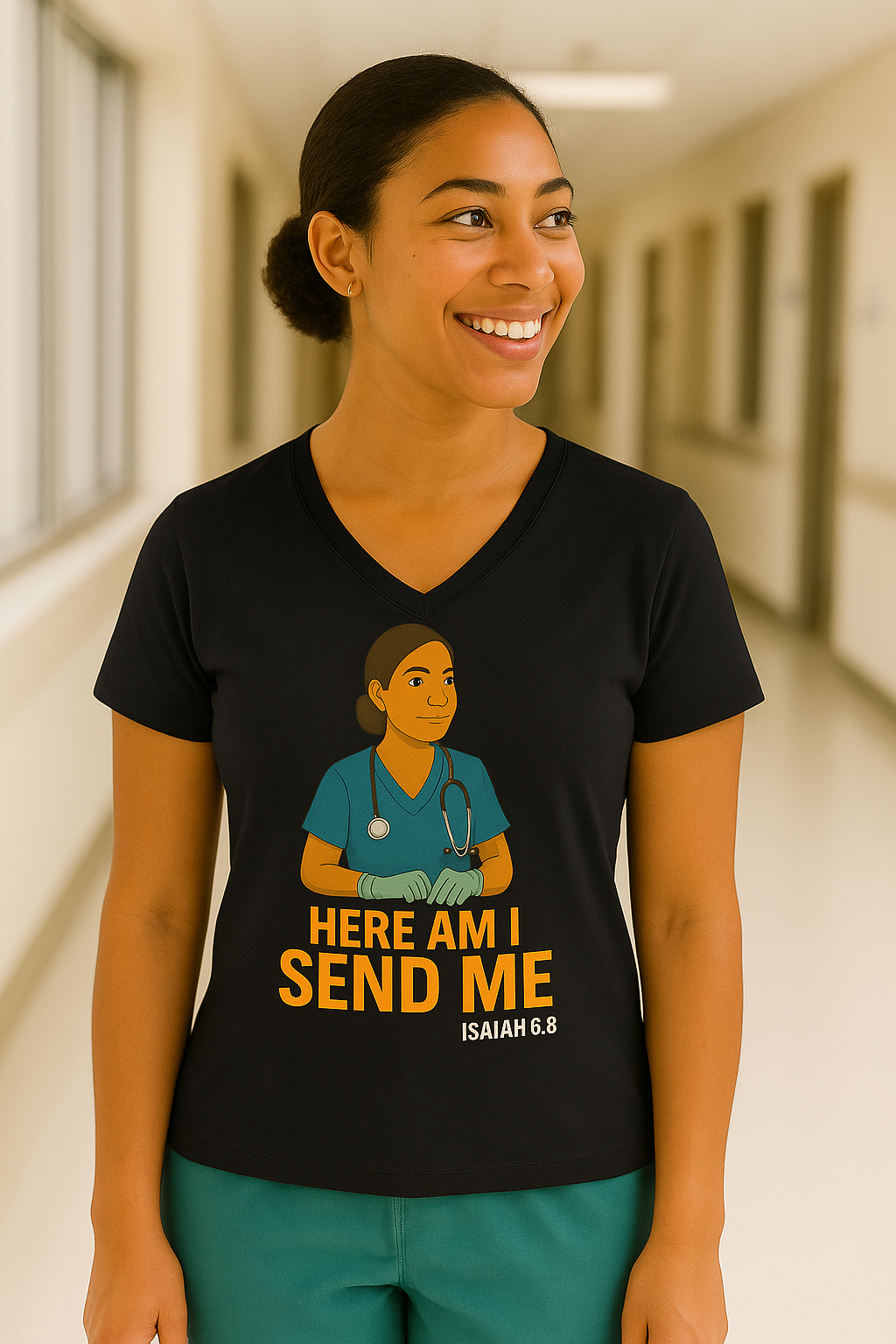 "Here Am I Send Me" V-Neck Tee — Women's Christian Nurse/Healthcare (Isaiah 6:8)