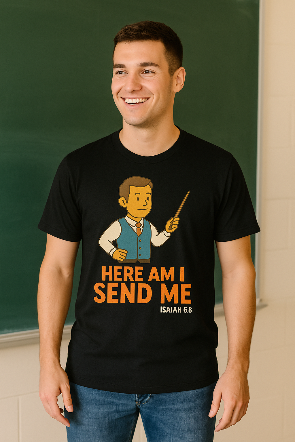 Male Teacher "Here Am I Send Me" T-Shirt (Isaiah 6:8) — Christian Educator Gift