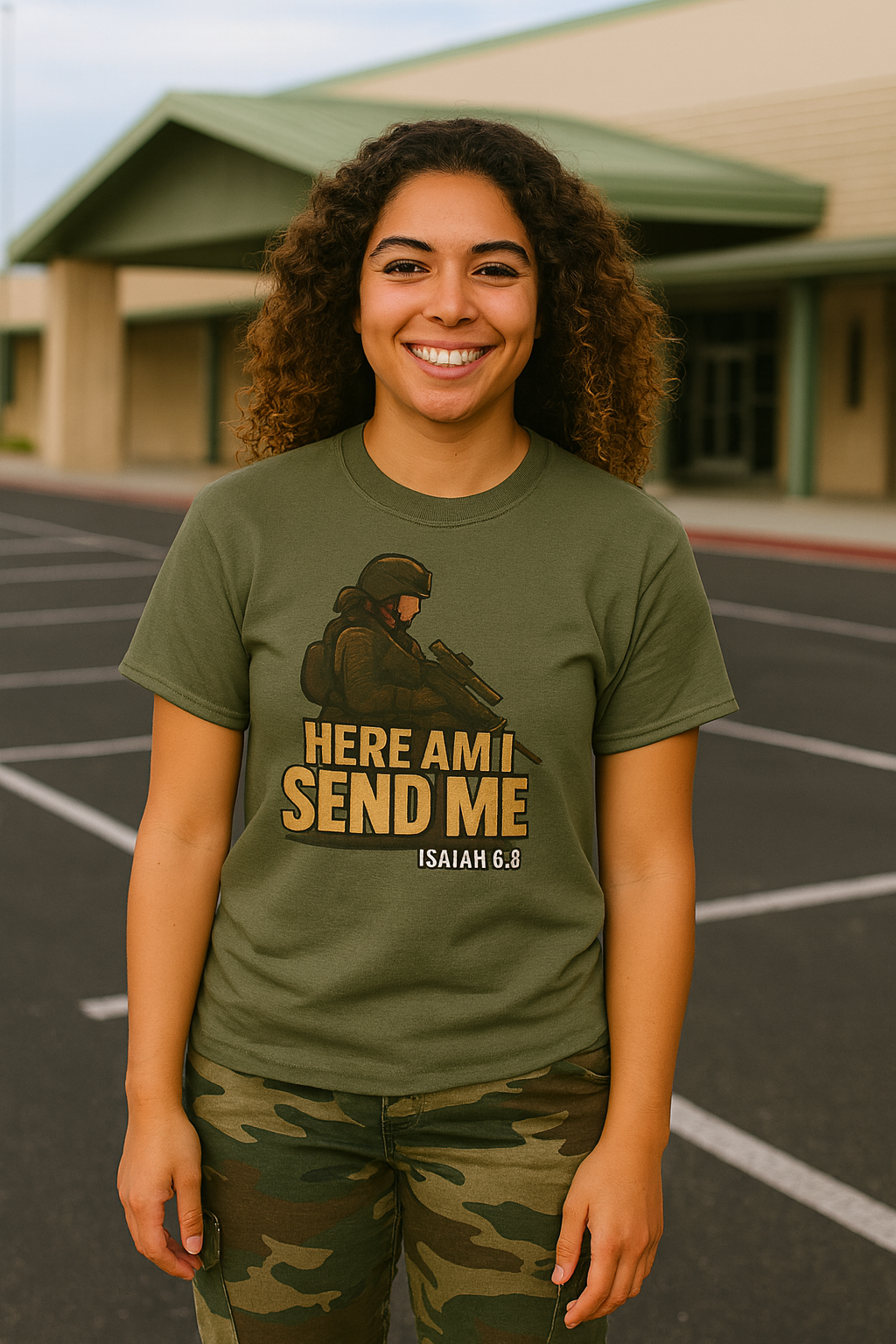 Female Soldier "Here Am I Send Me" T-Shirt (Isaiah 6:8) - Women's Military Christian Gift