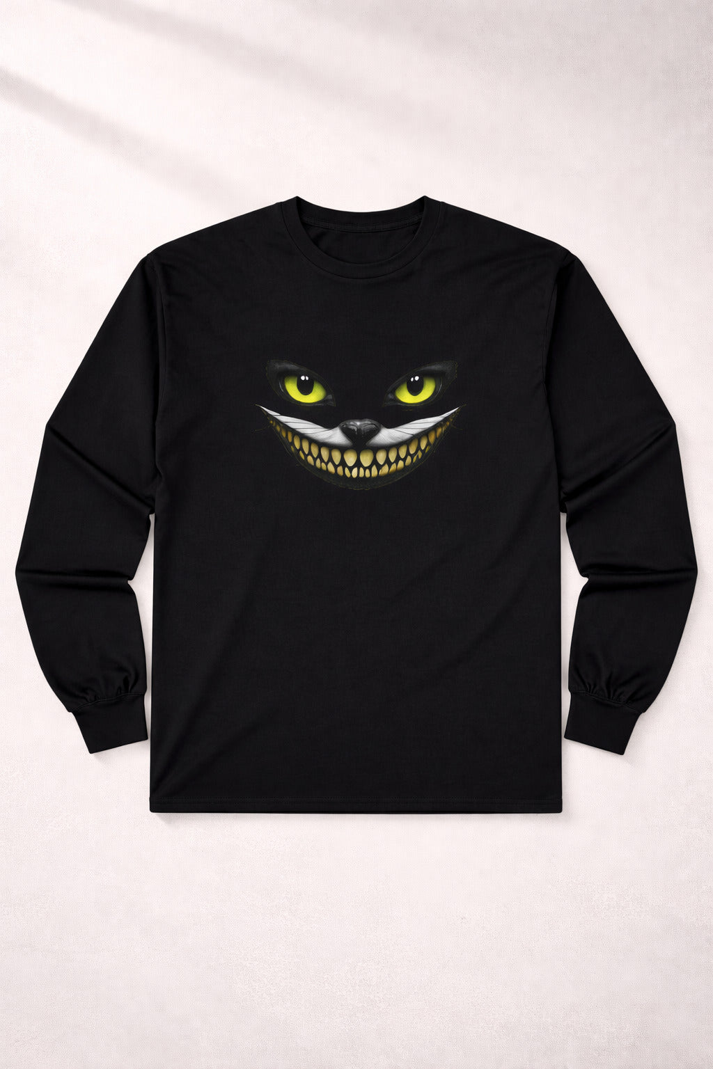 Creepy Cat Eyes & Grin Long Sleeve Tee – Minimalist Graphic Shirt — color view 1