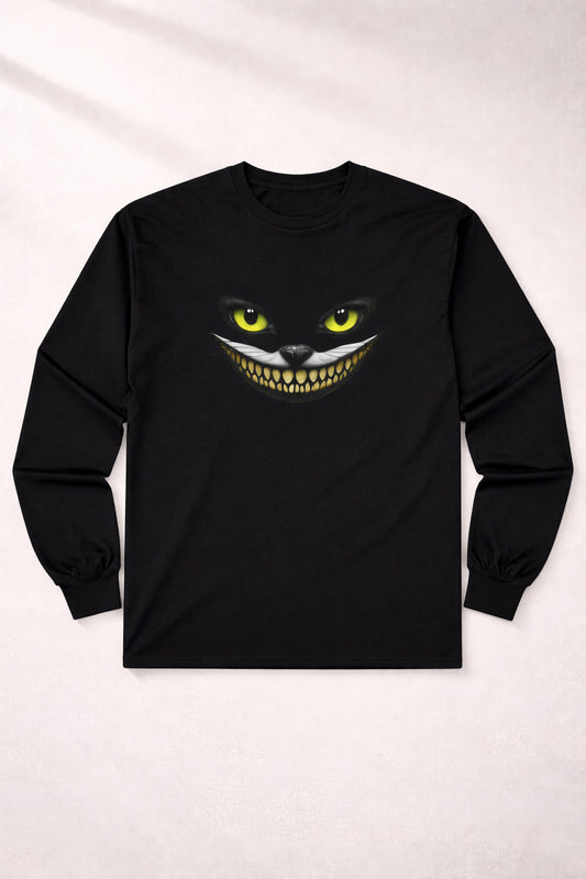 Creepy Cat Eyes & Grin Long Sleeve Tee – Minimalist Graphic Shirt — color view 1