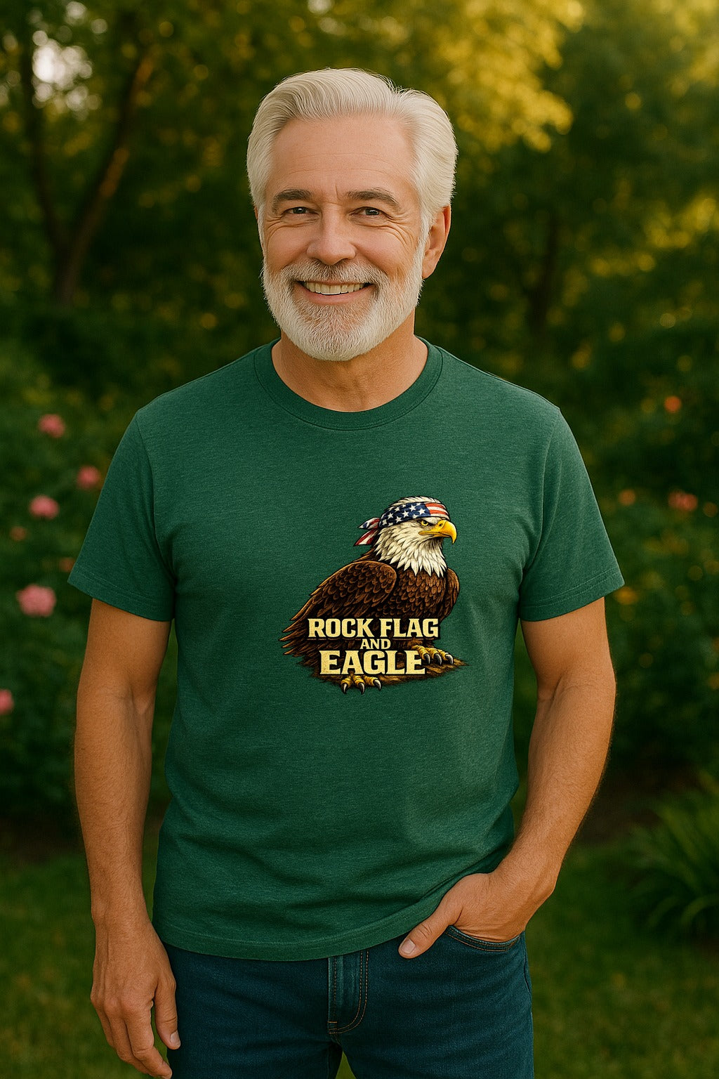 Rock Flag Eagle Patriotic T-Shirt – Bald Eagle American Flag Shirt — Heather Forest