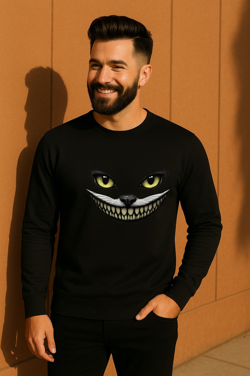 Creepy Cat Eyes & Grin Long Sleeve Tee – Minimalist Graphic Shirt — Black