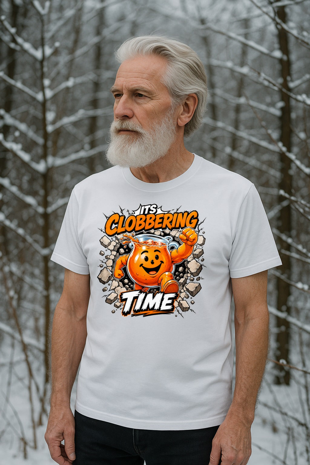 It's Clobbering Time muscular drink pitcher mascot bursting through wall — funny unisex graphic tee on white flat lay