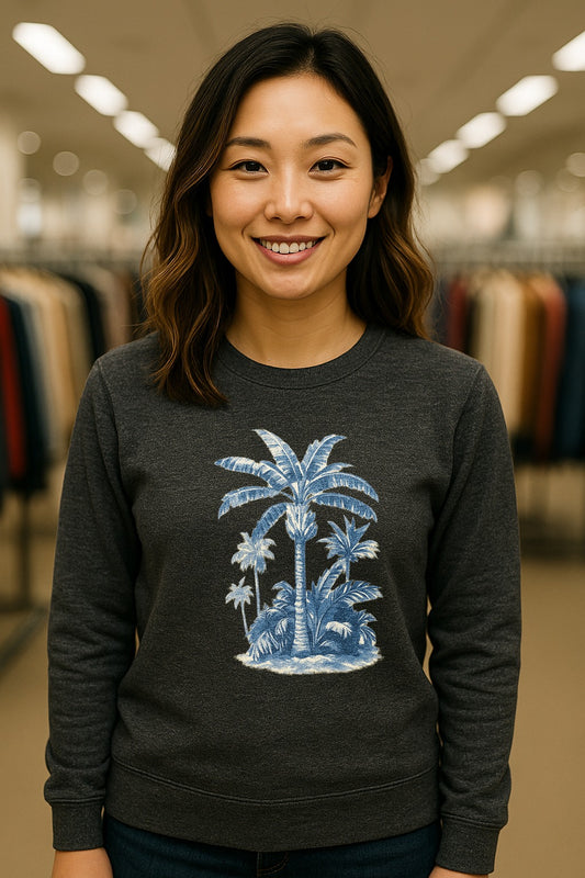Tropical Palm Tree Long Sleeve Tee — Unisex Beach Shirt — Dark Grey Heather