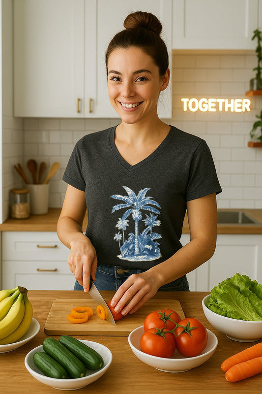 Tropical Palm Tree V-Neck Tee — Women's Beach Gift — Dark Grey Heather