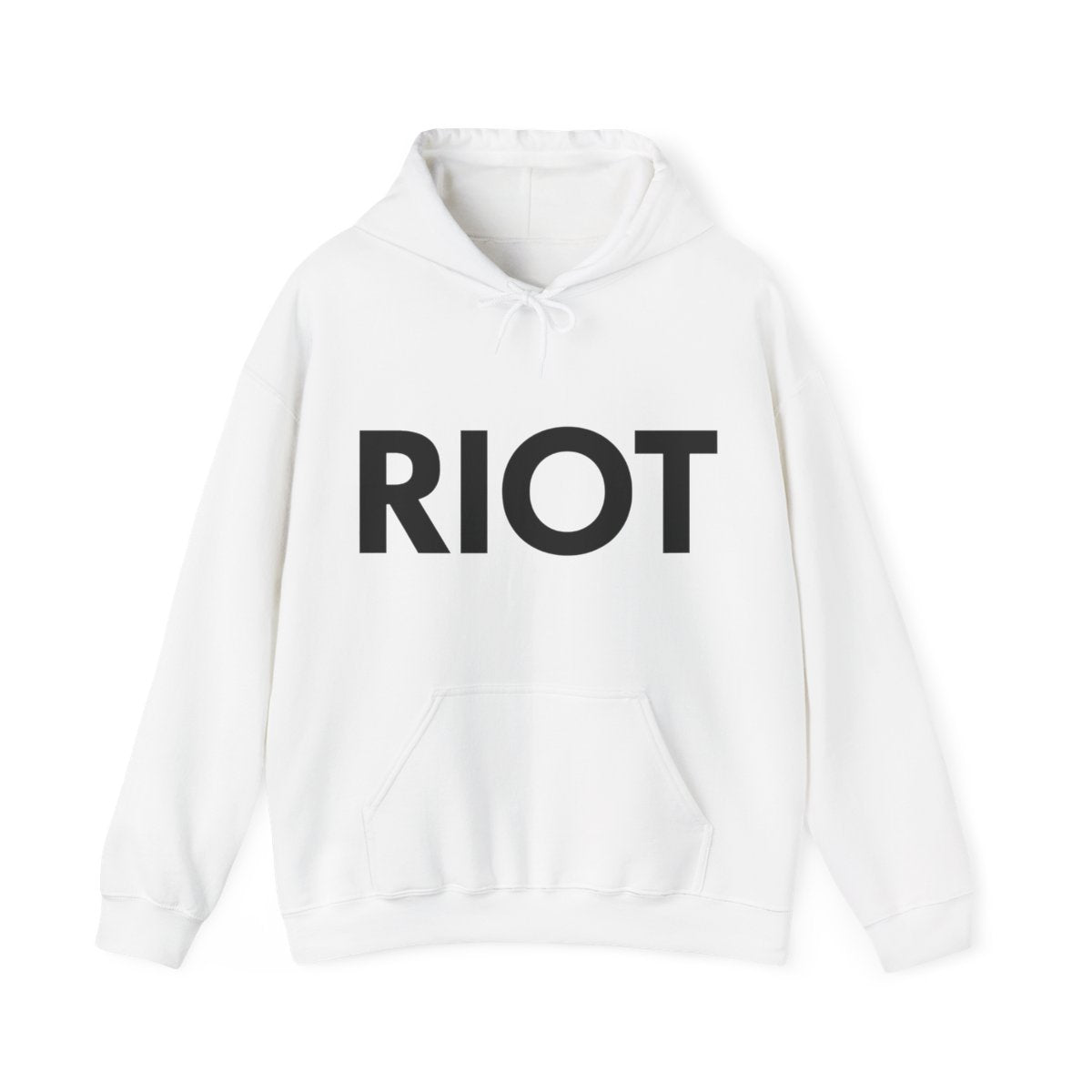 Bold RIOT typography graphic hoodie in black and white — unisex heavy-blend Gildan hoodie for streetwear fans