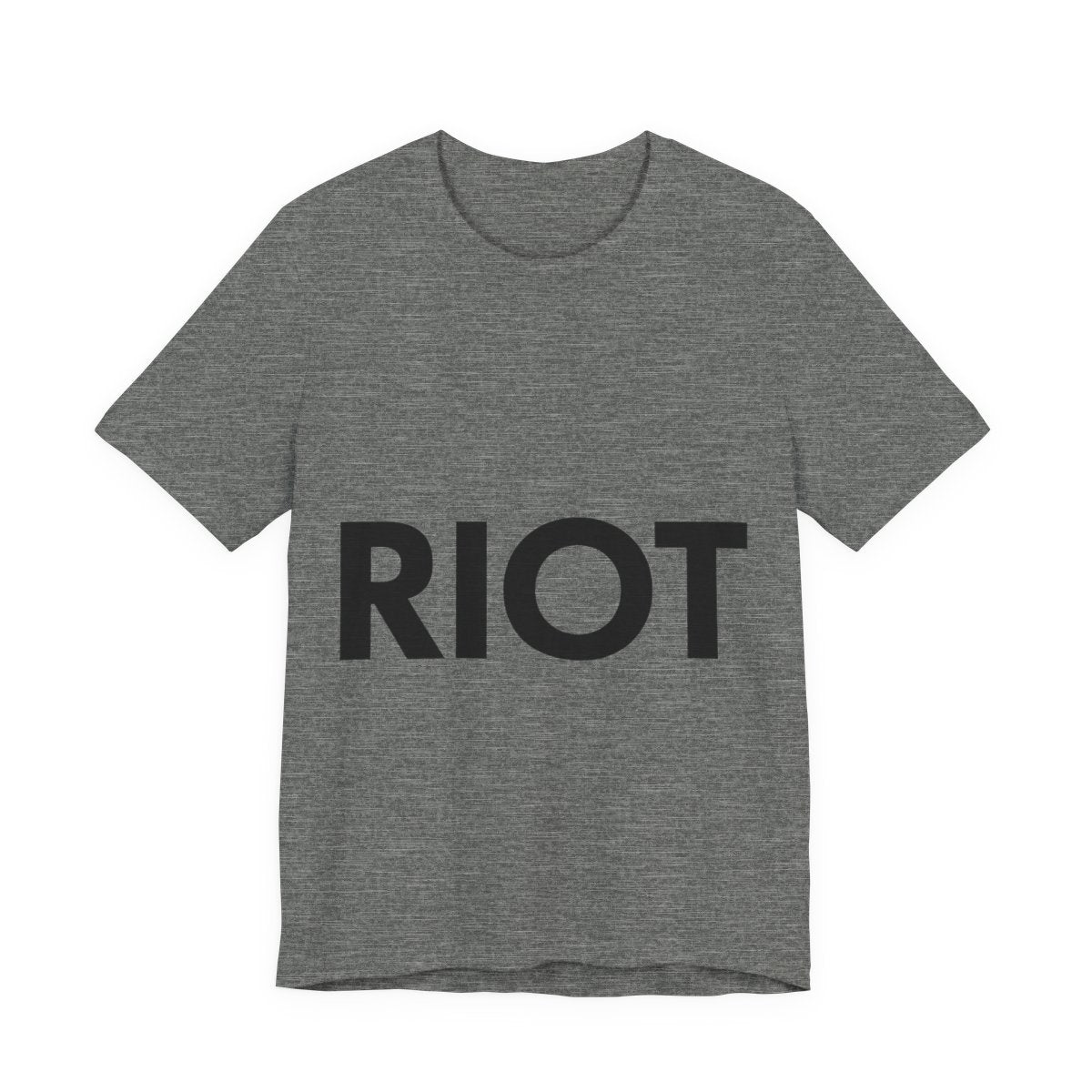 Bold RIOT block-letter graphic tee flat lay on white — unisex slim-fit Bella Canvas shirt in black print