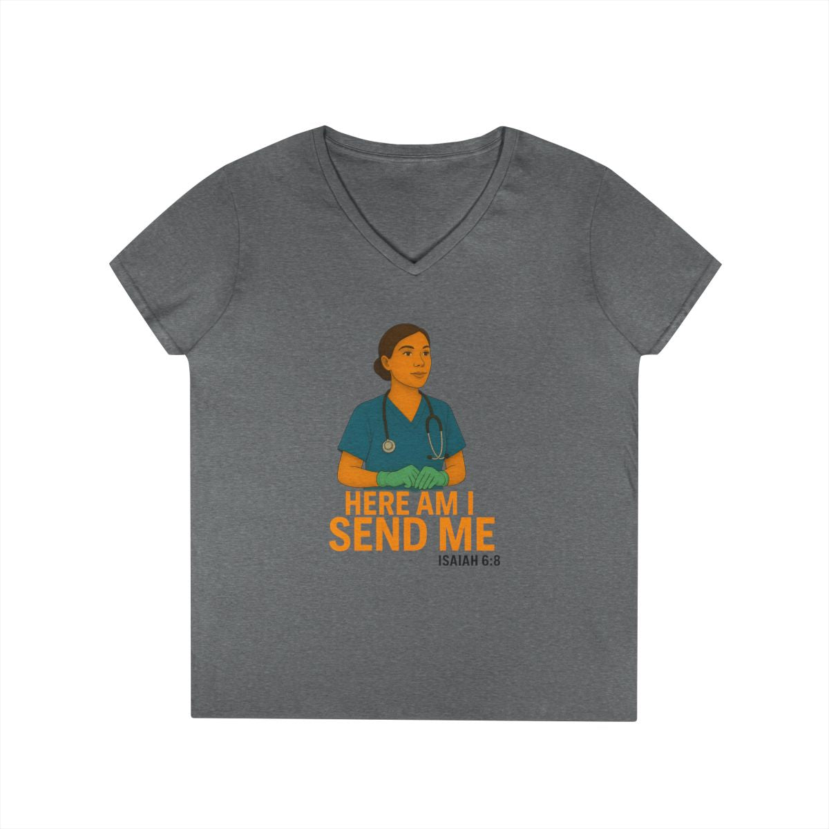 "Here Am I Send Me" V-Neck Tee — Women's Christian Nurse/Healthcare (Isaiah 6:8) — view 6