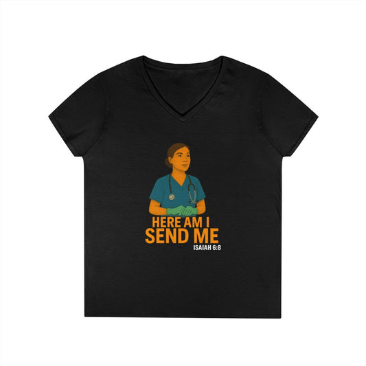 "Here Am I Send Me" V-Neck Tee — Women's Christian Nurse/Healthcare (Isaiah 6:8) — view 2
