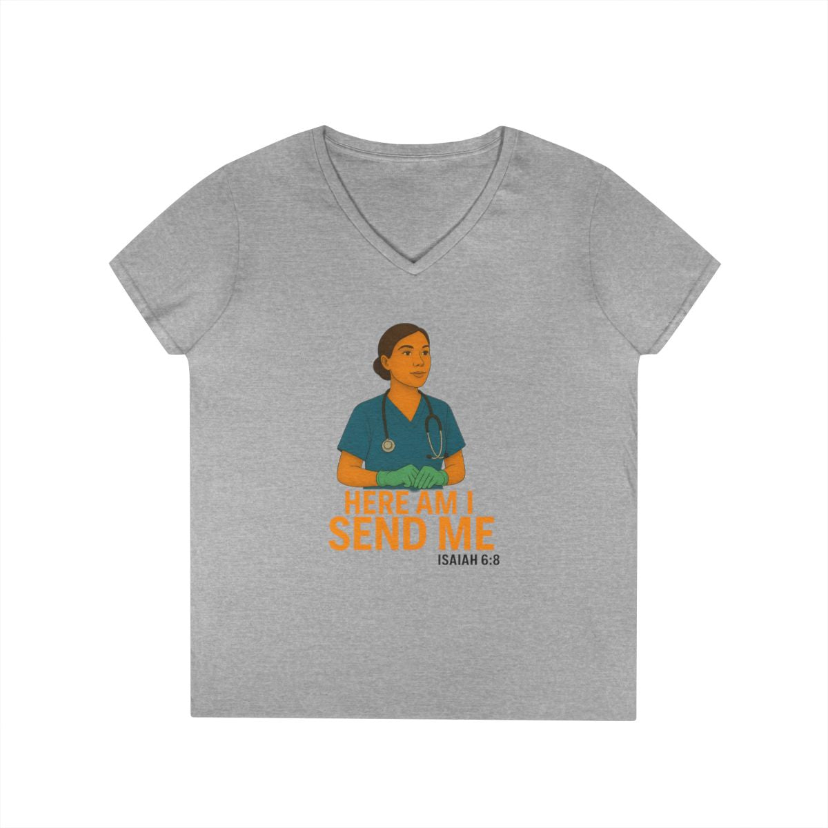 "Here Am I Send Me" V-Neck Tee — Women's Christian Nurse/Healthcare (Isaiah 6:8) — view 5