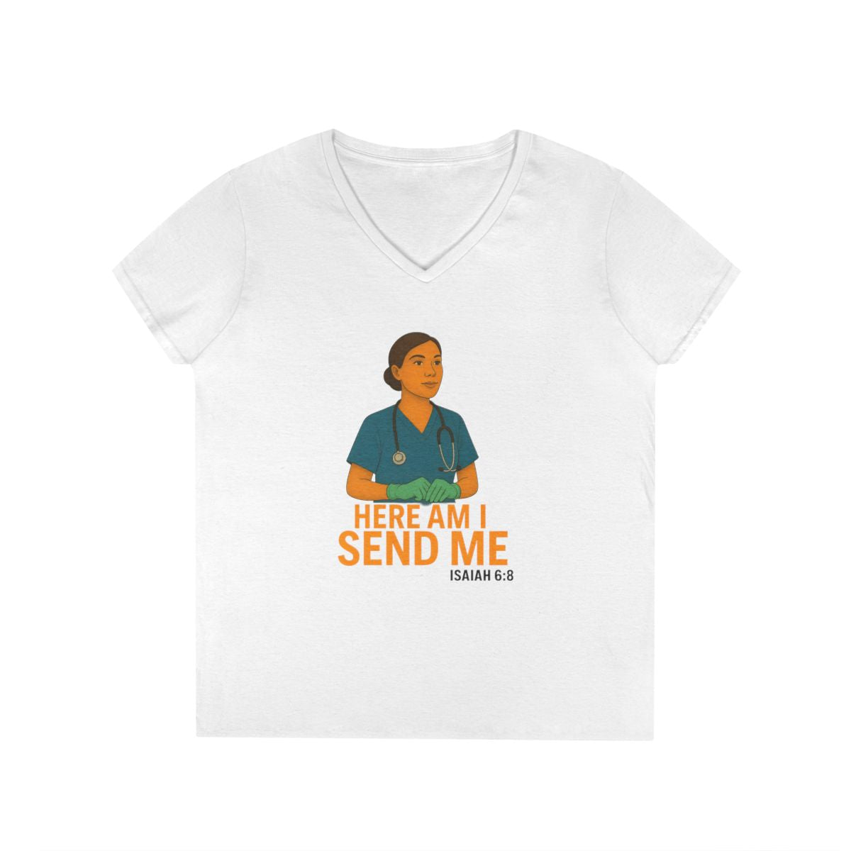 "Here Am I Send Me" V-Neck Tee — Women's Christian Nurse/Healthcare (Isaiah 6:8) — view 3