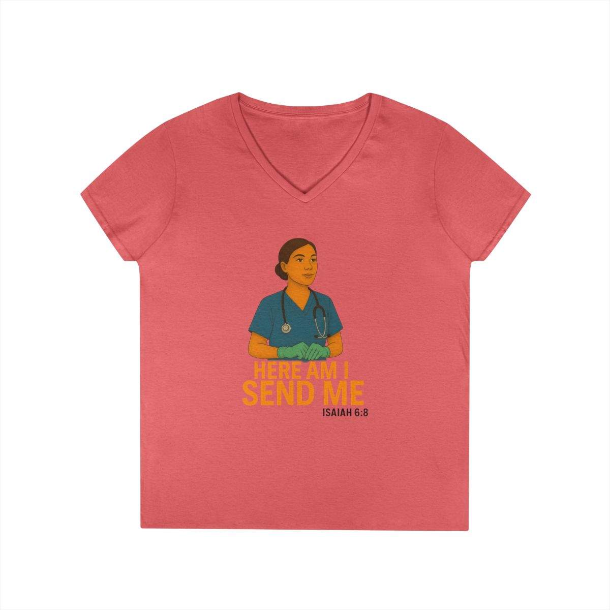 "Here Am I Send Me" V-Neck Tee — Women's Christian Nurse/Healthcare (Isaiah 6:8) — view 4