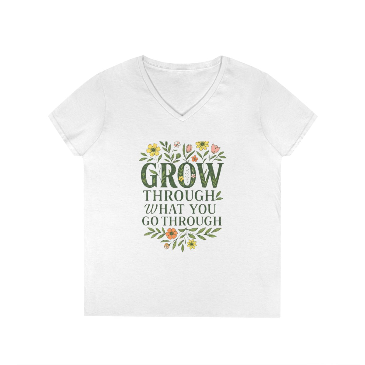 Women's V-Neck Inspirational Floral T-Shirt — Grow Through What You Go Through — view 3