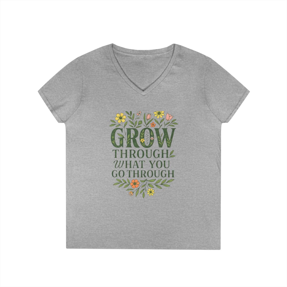 Women's V-Neck Inspirational Floral T-Shirt — Grow Through What You Go Through — view 2